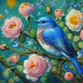 A blue bird on rose bush, in van gogh painting art, summer, animal creatures Royalty Free Stock Photo