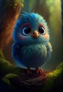 The blue bird on the top branch is a trend portrait of a cute monster with big, intelligent eyes. It\'s a fluffy, stylized