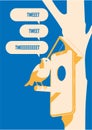 Blue bird tweet, mobile devise on tree. More tweets poster