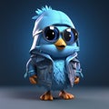 Super Cute 3d Cartoon Blue Bird In Sunglasses - Unique Character Design