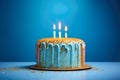 Blue Birthday cake with three sparkling candles. AI generated