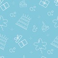 Cute seamless pattern with gift boxes, cake and balloons on blue background. Royalty Free Stock Photo