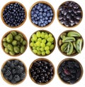Blue-black and green food. Berries and fruits isolated on white background. Collage of different fruits and berries at green and b Royalty Free Stock Photo