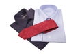 Blue and black shirts with red tie