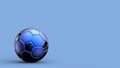 Blue and black soccer metal ball isolated on colored background. Football 3d render illlustration