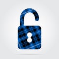 Blue, black tartan isolated icon - open padlock