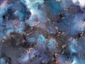 Blue and black watercolor background with gold glitter. Water color alcohol ink splash, liquid flow texture paint Royalty Free Stock Photo