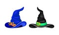 Blue and black witch hats set. Halloween or carnival costume accessories cartoon vector illustration Royalty Free Stock Photo