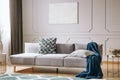 Blue blanket on grey couch in elegant living room interior Royalty Free Stock Photo