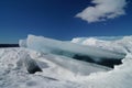 Blue blocks of ice against a bright blue sky and white snow