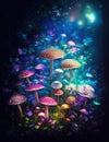 Blue Bloom: A Gorgeous Display of Mushrooms and Flowers in a Vibrant Setting