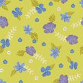 Blue blooms seamless vector pattern on lime green Royalty Free Stock Photo