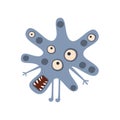 Blue Blot Shaped Aggressive Malignant Bacteria Monster With Sharp Teeth And Many Eyes Cartoon Vector Illustration