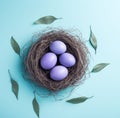 blue blue easter eggs nest on flat, Royalty Free Stock Photo