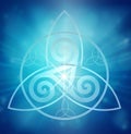 Triquetra symbol, Holy Trinity, Triskelion, trefoil knot, Celtic knot tribal symbol of Eternity and Love, blue light rays