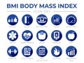 Blue BMI Body Mass Index Round Icon Set of Weight, Height, BMI Machine, Graph, Measuring, Health, Heart Disease, Scale, Diabetes,