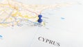 A blue board pin stuck in Ayia Napa on a map of Cyprus Royalty Free Stock Photo