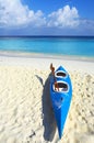 Blue boat is on a beach 2 Royalty Free Stock Photo