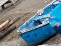 blue boat in a beach in mergellina ,naples, italy