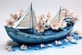 A blue boat with white flowers on it