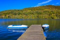 Blue boats at jetty - colorful autumn lake- Happurgersee, Germany