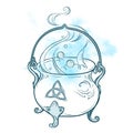 Blue boiling magic cauldron vector illustration. Hand drawn wiccan design, astrology, alchemy, magic symbol over abstract