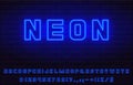 Blue bold neon font set. collection of vector letters numerals signs symbols icons. graphic advertisement web design Royalty Free Stock Photo