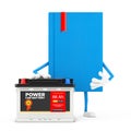 Blue Book Character Mascot and Rechargeable Car Battery 12V Accumulator with Abstract Label. 3d Rendering