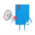 Blue Book Character Mascot with Red Retro Megaphone . 3d Rendering