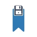 A blue bookmark icon with a design featuring two overlapping floppy disks, one in da Royalty Free Stock Photo