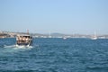 Blue Bosphorus strait with ferry on, under blue sky in Istanbul..