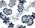 Blue Botanical Set. Navy Orchid Illustration. Gray Hibiscus Backdrop. Flower Backdrop. Watercolor Foliage. Seamless Foliage. Patte