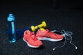 A blue bottle, crimson sneakers, a mobile phone with headphones, two yellow dumbbells on a dark blurred background.