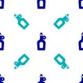 Blue Bottle of maple syrup icon isolated seamless pattern on white background. Vector Royalty Free Stock Photo