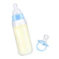 Blue bottle and pacifier, dummy. Milk infant formula. Newborn girl. Hand drawn watercolor illustration isolated on white Royalty Free Stock Photo