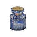 blue bottle of perfume or eau de toilette with gold lid watercolor sketch of relief