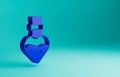 Blue Bottle with potion icon isolated on blue background. Flask with magic potion. Happy Halloween party. Minimalism