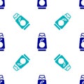 Blue Bottle of shampoo icon isolated seamless pattern on white background. Vector Royalty Free Stock Photo