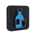 Blue Bottle of vodka with glass icon isolated on transparent background. Black square button. Royalty Free Stock Photo