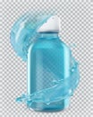 Blue bottle and water splash. 3d vector icon