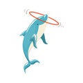 Blue Bottlenose Dolphin Holding Hula-Hoop For Entertainment Show, Realistic Aquatic Mammal Vector Drawing