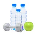 Blue bottles with water, chromed fitness dumbbells