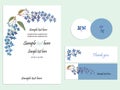 Blue bouquet flowers hand drawn watercolor painting wedding invitation set of card .Vector illustration