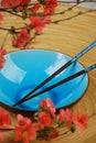 Blue bowl with chopsticks and branches