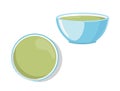 Blue bowl, cup or plate with green cream soup, top and side view, vector illustration isolated on white background Royalty Free Stock Photo