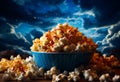 A blue bowl filled with popcorn on top of a table Royalty Free Stock Photo