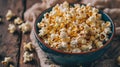 Blue Bowl Filled With Popcorn on Wooden Table Royalty Free Stock Photo