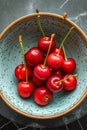 Blue bowl filled with seven cherries some of which are partially pitted. Generative AI Royalty Free Stock Photo