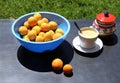 A blue bowl with fresh apricots, a cup of coffee and a sugar bowl on the table against the background of green grass Royalty Free Stock Photo