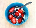 Blue bowl of ice cream, strawberries and blueberries Royalty Free Stock Photo